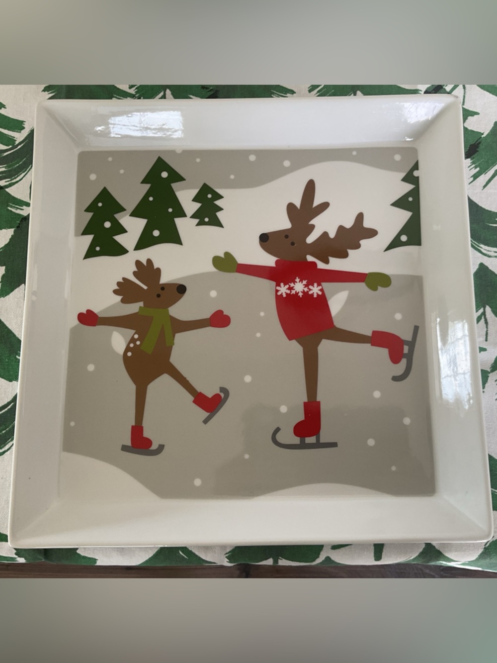 Vintage Crate&Barrel Joan Anderson Skating Reindeer Square Xmas Platter/Tray